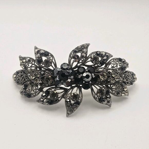 Vtg Soho Floral Rhinestone Black Rhinestones Silver Tone Hair Clip Barrette main image 5